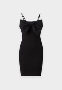 Robe noire ajustée avec un grand nœud décoratif au niveau du décolleté, dotée de fines bretelles ajustables et d'un tissu lisse et extensible.