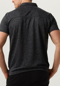 Dark gray short-sleeve polo shirt with a collar, subtle texture, and a straight hem. No visible branding or patterns.