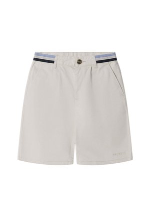 Beige shorts with side pockets, a button closure, belt loops, and blue and black striped waistband accents.