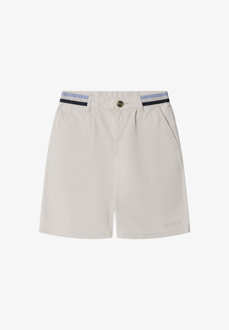 Beige Shorts mit Seitentaschen, Knopfverschluss, Gürtelschlaufen und blauen sowie schwarzen gestreiften Taillenakzenten.