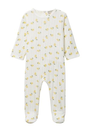 Body blanc pour bébé à manches longues et pieds, avec un motif de citron jaune et feuille verte.