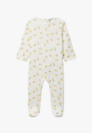 Body blanc pour bébé à manches longues et pieds, avec un motif de citron jaune et feuille verte.