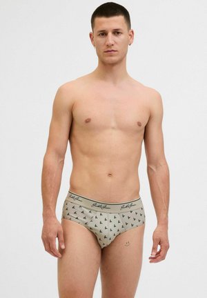 Beige Unterhosen mit einem kleinen Segelbootmuster und einem kontrastierenden Bund mit Markentext. Hergestellt aus glattem, dehnbarem Material.