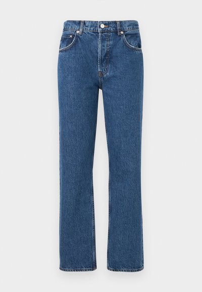 Blue classic straight-leg denim jeans with front button, zipper, belt loops, and five-pocket design on a white background.