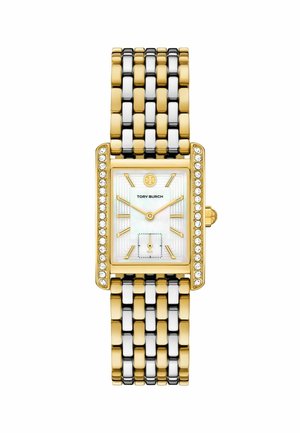 Gouden en zilverkleurige rechthoekige polshorloge met een parelmoer wijzerplaat, diamantachtige accenten en een metaalen schakelband.