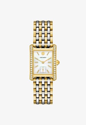 Montre rectangulaire en or et argent avec un cadran en nacre, des accents ressemblant à des diamants, et un bracelet en métal maillé.