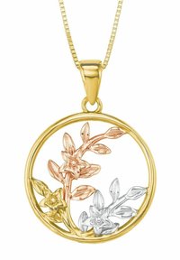 Pendente circolare d'oro con fiori intrecciati in oro rosa e argento. Il design include accenti a foglia e una texture liscia.