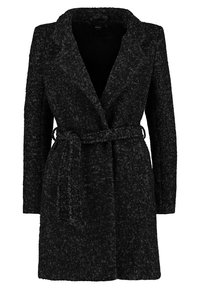 Cappotto nero con trama, colletto a scialle, maniche lunghe e cintura da annodare in vita. Realizzato in tessuto spesso e caldo.