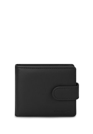 Black leather wallet with a smooth texture, bi-fold design, and a snap closure. Features embossed brand logo on the front.
