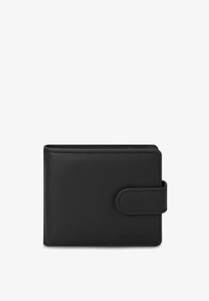 Černá kožená peněženka s hladkým povrchem, skládací design a zacvakávacím uzávěrem. Na přední straně se nachází vyražené logo značky.