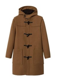 Cappotto cappuccio marrone realizzato in misto lana, dotato di chiusure a toggles, due tasche frontali e una texture liscia con un design elegante.