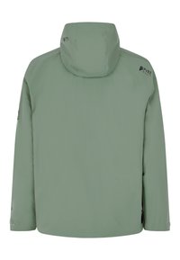 Svijetlozelena vodootporna jakna s kapuljačom, s glatkom teksturom, detaljima s logotipom na leđima i rukavu, te dizajnom opuštenog kroja.