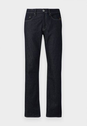 Mørkeblå denim jeans med lige ben-design, der har standard fem-lomme stil, kontrasterende syninger og knappelukning.