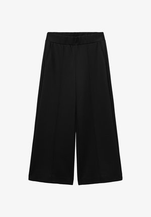 Schwarze weit geschnittene Hosen aus strukturiertem Stoff mit Seitentaschen und einem glatten Bund, designed für eine lockere Passform.