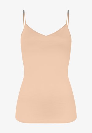 Top camisero nude con tirantes delgados ajustables y escote en V. Hecho de una tela suave y lisa, tiene una silueta ajustada para un look estilizado.