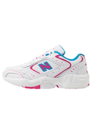 White athletic sneaker with blue and pink accents, blue "N" logo on mesh side, thick sole with pink details, and padded collar interior.