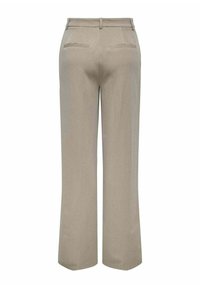 Pantaloni beige a vita alta con design a gamba dritta, dotati di due tasche posteriori e una texture liscia. Tagliati per un look aderente.