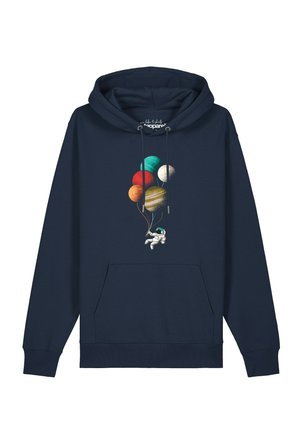 Navy blue hoodie with front pocket featuring an astronaut holding strings attached to colorful planet-shaped balloons.