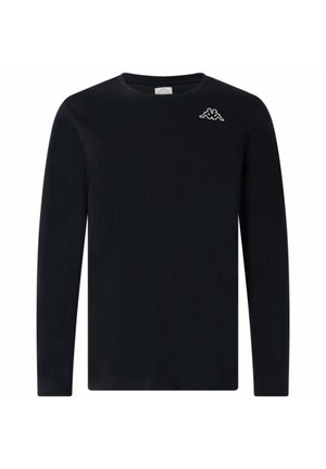 T-shirt noir à manches longues en coton ; il présente un col rond et un petit logo blanc sur la poitrine gauche. Design minimaliste.