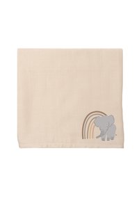 Beige Babydecke mit Rautenmuster, die in der Ecke ein kleines graues Elefantenmotiv und einen Regenbogen in Brauntönen zeigt.