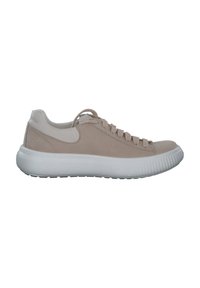 Beige Wildlederschuh mit strukturierten cremefarbenen Akzenten, runder Zehenpartie und weißer gummierter, gepolsterter Sohle. Verfügt über einen Schnürverschluss.