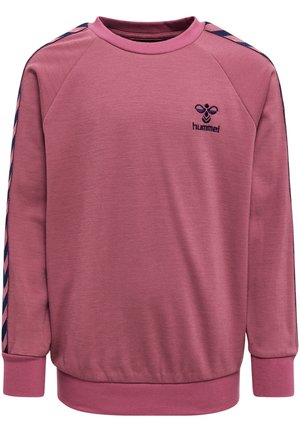 Roze sweatshirt met lange raglanmouwen. Voorzien van een klein zwart 'Hummel'-logo op de borst en gestructureerde marineblauwe en roze strepen langs de mouwen.