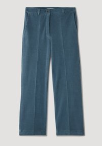 Blå kordflodbyxor med rak passform, med knappstängning, två framfickor och vertikal ribbad textur.