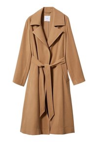 Tan trench coat with wide lapels, long sleeves, and a belted waist. Made of smooth fabric, featuring side pockets and a knee-length cut.