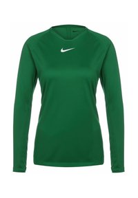 Pitkähiha, smaragdinvihreä urheilu-paita, joka on valmistettu sileästä ja kevyestä kankaasta; siinä on valkoinen Nike-logo rinnassa ja pyöreä pääntie.