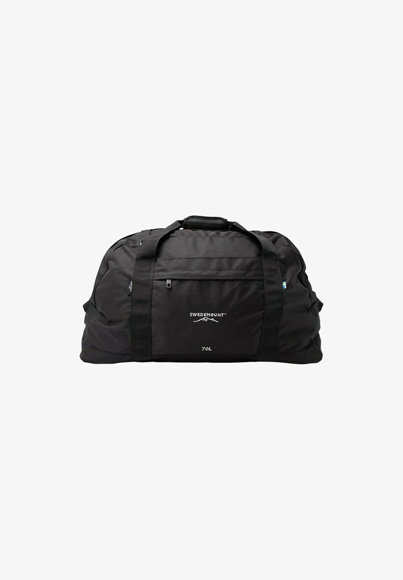 Black duffel bag with 70L capacity, featuring dual top handles, front zipper pocket, and logo detail on the front. Durable fabric.