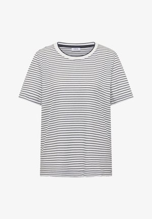 Weißes T-Shirt mit kurzen Ärmeln, dünnen horizontalen schwarzen Streifen und rundem Ausschnitt, flachliegend.