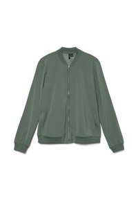 Blouson bomber vert clair avec fermeture éclair frontale, col, poignets et ourlet côtelés, et deux poches latérales, posé à plat sur fond blanc.
