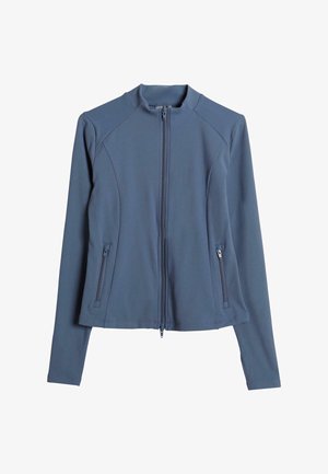 Light blue athletic jacket, made of stretchy fabric, features a full zipper, high collar, and two side pockets. Smooth, fitted design.