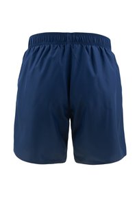 Bañador azul marino con cinturilla elástica, textura suave, corte hasta la rodilla y sin bolsillos ni adornos visibles.