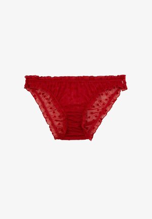 Mutandine trasparenti stile bikini rosse con piccoli motivi a cuore e bordi arricciati su sfondo bianco.