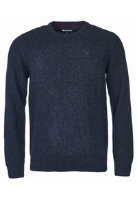 Navy blue sweater made of textured fabric, featuring a crew neck, long sleeves, and subtle shimmering accents throughout the knit.