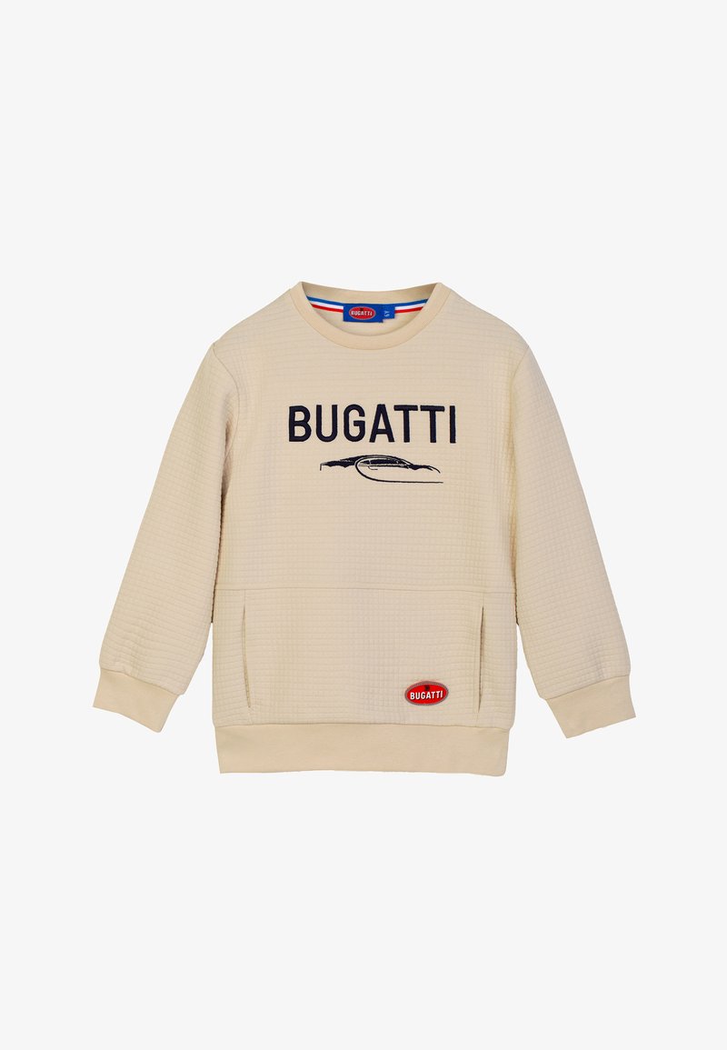 Beige strukturierter Langarm-Sweatshirt mit "BUGATTI" Schriftzug und Auto-Silhouette auf der Vorderseite, rundem Halsausschnitt und rotem Bugatti-Logo-Patch nahe dem Saum.