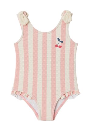 Pink and cream vertical striped toddler swimsuit with shoulder knots, cherry embroidery on chest, and ruffled leg openings.
