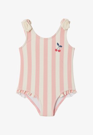 Pink and cream vertical striped toddler swimsuit with shoulder knots, cherry embroidery on chest, and ruffled leg openings.