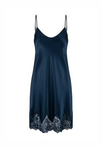 Abito slip in satin blu navy con spalline regolabili, caratterizzato da un orlo in pizzo scallopato per un tocco di texture e dettaglio nella parte inferiore.
