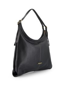 Black leather hobo bag with a smooth texture, featuring a curved handle and gold-tone hardware. Subtle stitching detail and brand logo displayed.
