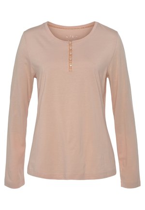 Langarm-Pink-Shirt aus weichem Stoff, mit rundem Ausschnitt und einer knopfgefütterten Leiste mit fünf Knöpfen auf der Vorderseite.