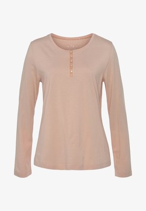 Langarm-Pink-Shirt aus weichem Stoff, mit rundem Ausschnitt und einer knopfgefütterten Leiste mit fünf Knöpfen auf der Vorderseite.