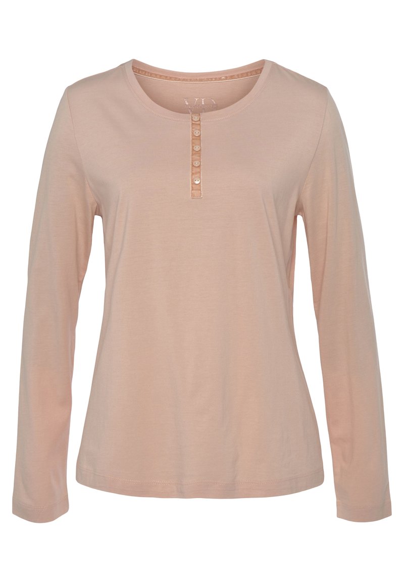 Langarm-Pink-Shirt aus weichem Stoff, mit rundem Ausschnitt und einer knopfgefütterten Leiste mit fünf Knöpfen auf der Vorderseite.