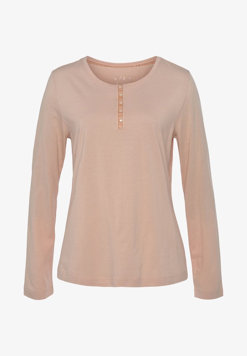 Langarm-Pink-Shirt aus weichem Stoff, mit rundem Ausschnitt und einer knopfgefütterten Leiste mit fünf Knöpfen auf der Vorderseite.