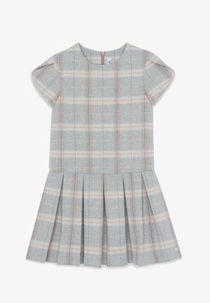 Kinderkleid mit kurzen Ärmeln, grauem und pinkem Karomuster, rundem Ausschnitt, Reißverschluss am Rücken und plissiertem Rockteil.