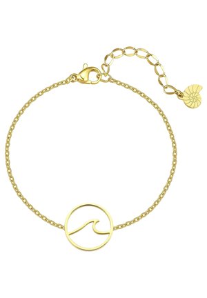 Bracelet délicat en chaîne d'or avec un symbole de vague circulaire au centre et un petit charme coquillage nautilus près du fermoir.
