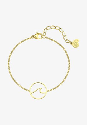 Bracelet délicat en chaîne d'or avec un symbole de vague circulaire au centre et un petit charme coquillage nautilus près du fermoir.