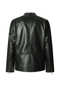 Juoda odinė striukė su lygiu viršutiniu nugaros paviršiumi, tekstūruotu apatinės nugaros dalies paviršiumi, ilgomis rankovėmis ir užtrauktukų detalėmis rankogaliuose, parodyta iš nugaros.