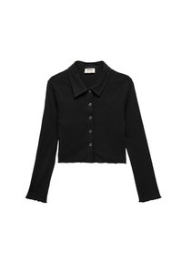 Zwarte cropped overhemd met lange mouwen, een gestructureerde kraag, knopenlijst aan de voorkant, geribbelde textuur en rafelige zoomdetails.